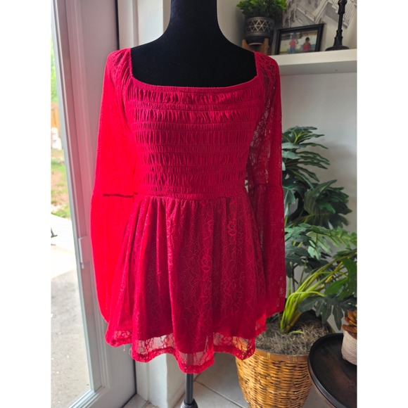 torrid Tops - Torrid Womens Red Lace Smocked Babydoll Top Long Sleeve Square Neck Size 2